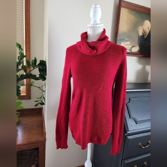 Ralph Lauren LAUREN Black label Womens Size LARGE Waffle Knit Red Cowl Neck Knit - Picture 2 of 13